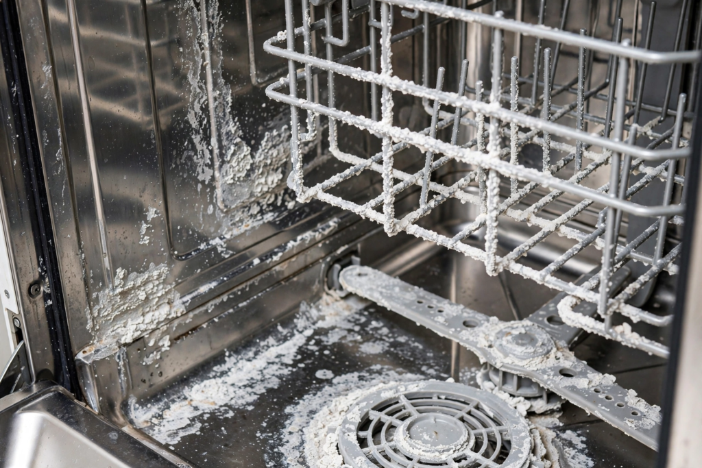 Dishwasher interior with heavy white limescale buildup on walls and racks