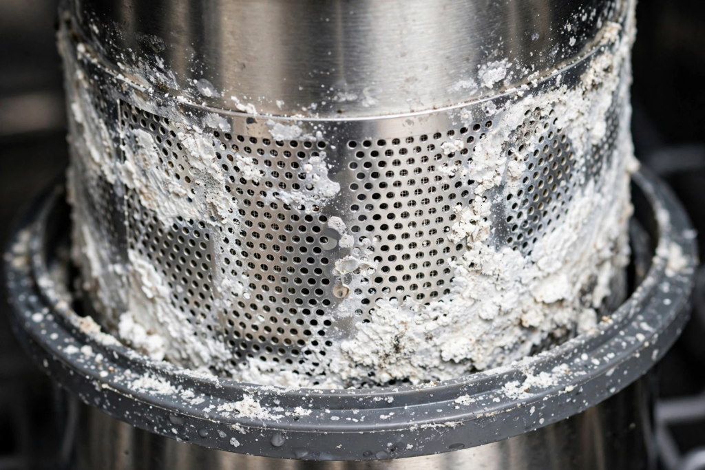 Close-up of dishwasher filter covered in hard water mineral deposits and limescale