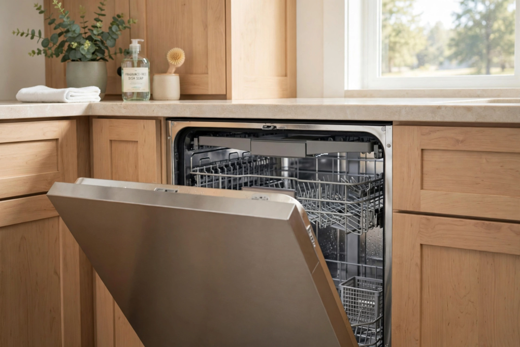 Dishwasher door left slightly open after cleaning in bright kitchen to prevent moisture
