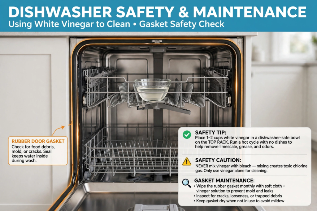 Dishwasher safety guide showing white vinegar bowl on top rack and rubber gasket maintenance tips