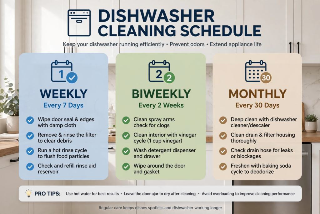 Infographic showing dishwasher cleaning schedule for weekly biweekly and monthly tasks