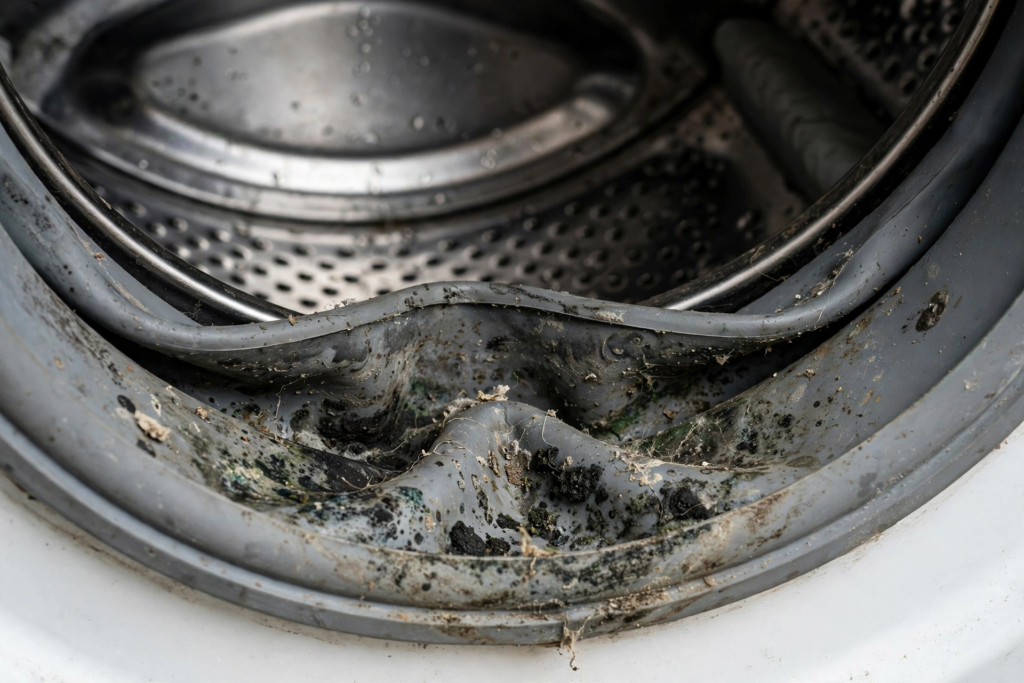 Close-up of mold and grime trapped in front-load washing machine rubber door gasket