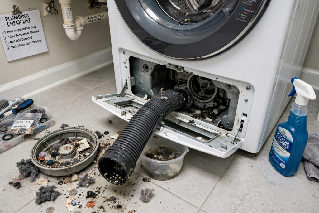 Washing machine drain pump filter with lint, coins and debris causing sewage odor
