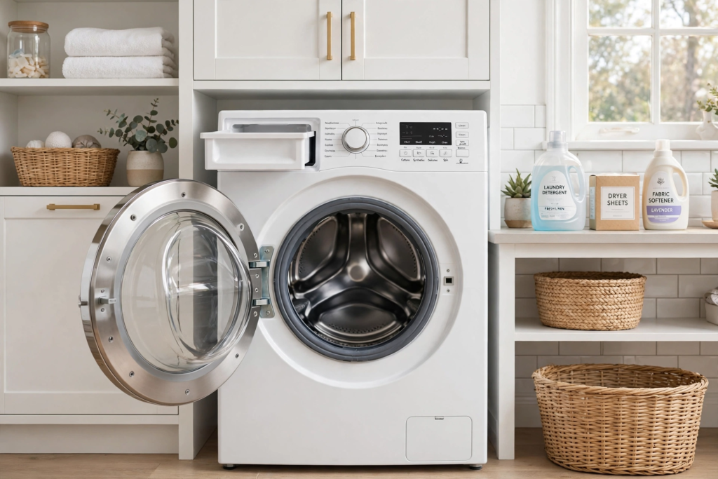 Clean front-load washing machine with door left open to prevent moisture and odor buildup