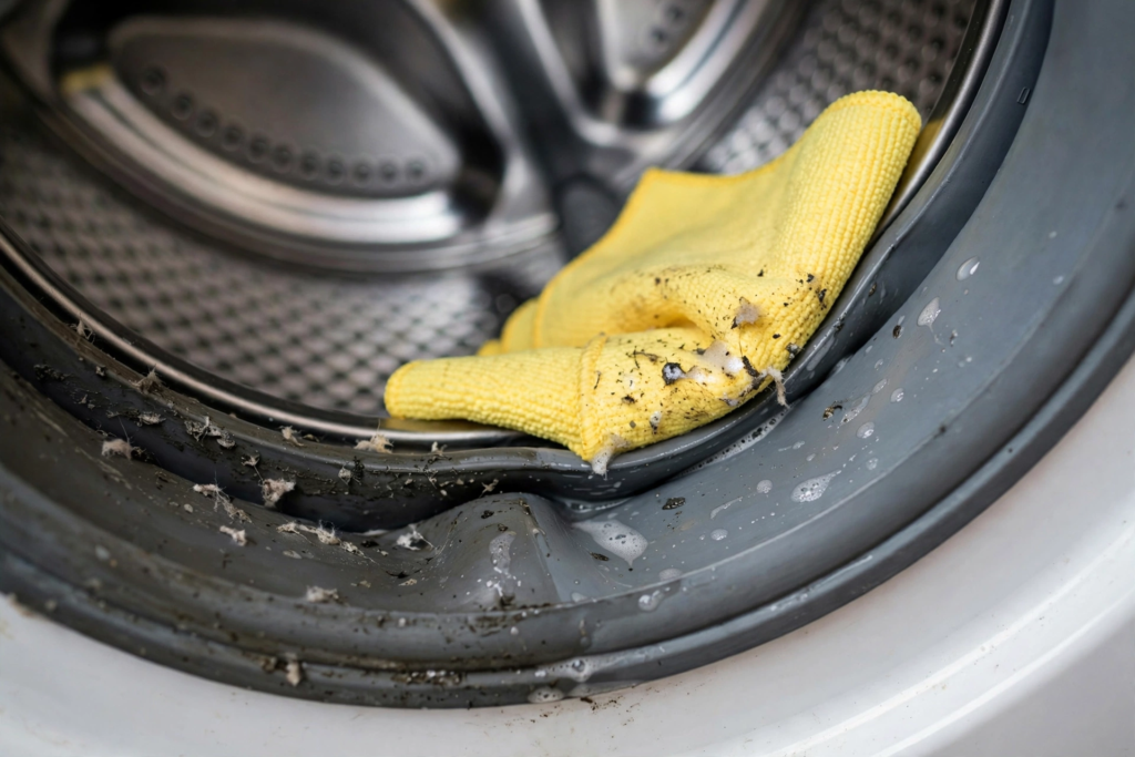 Close-up of front-load washing machine rubber gasket being cleaned to remove mold