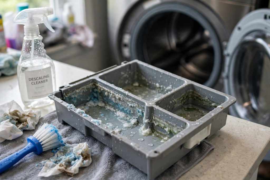 Dirty front-load washing machine detergent drawer with soap and mold buildup