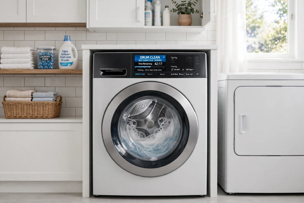 Front-load washing machine running drum clean self-cleaning cycle