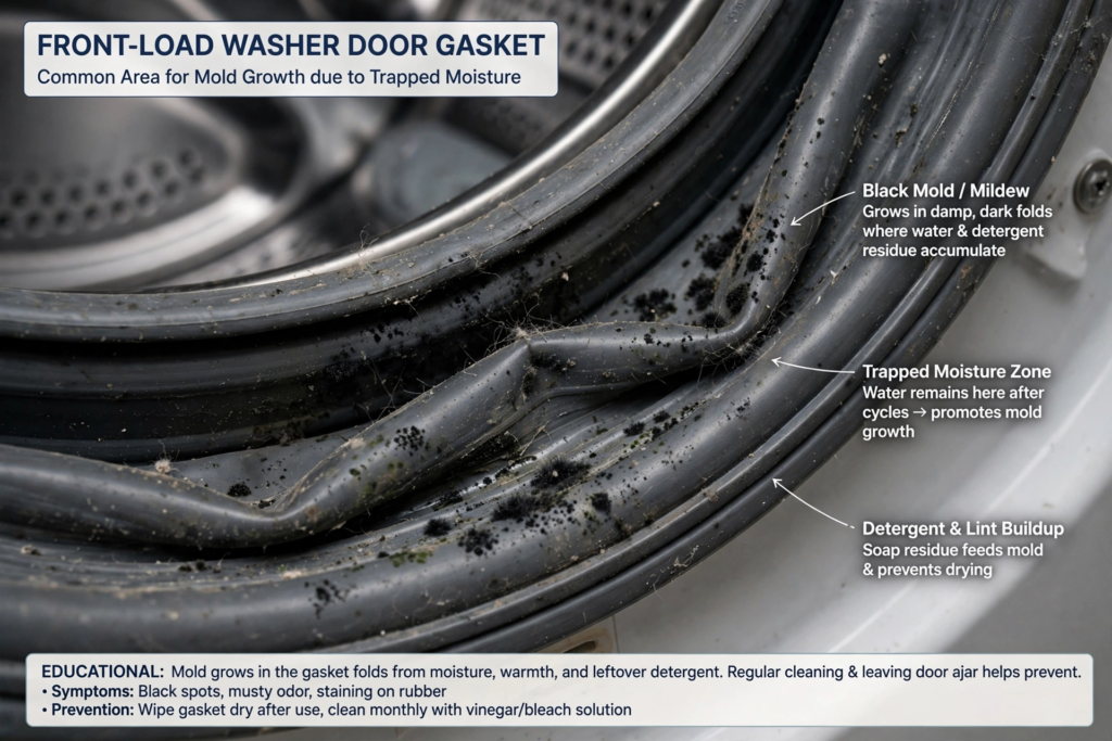 Educational close-up showing black mold on front-load washing machine door gasket with trapped moisture and detergent buildup