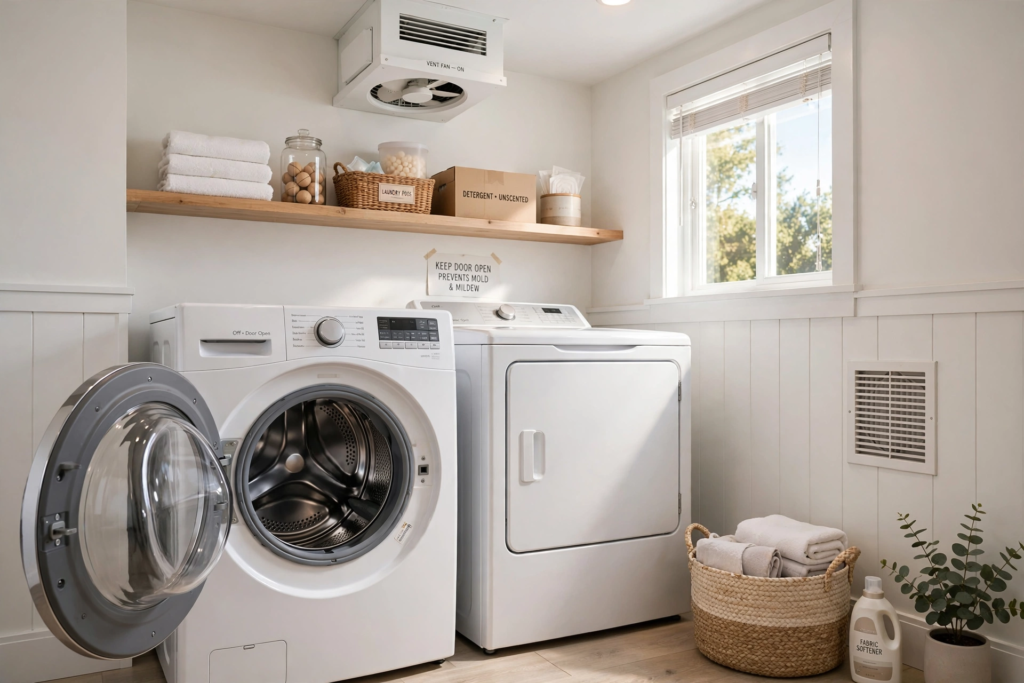 Front-load washing machine with door open to improve ventilation and reduce moisture buildup