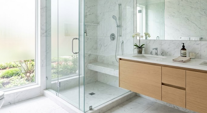 Clear glass shower door free of hard water stains