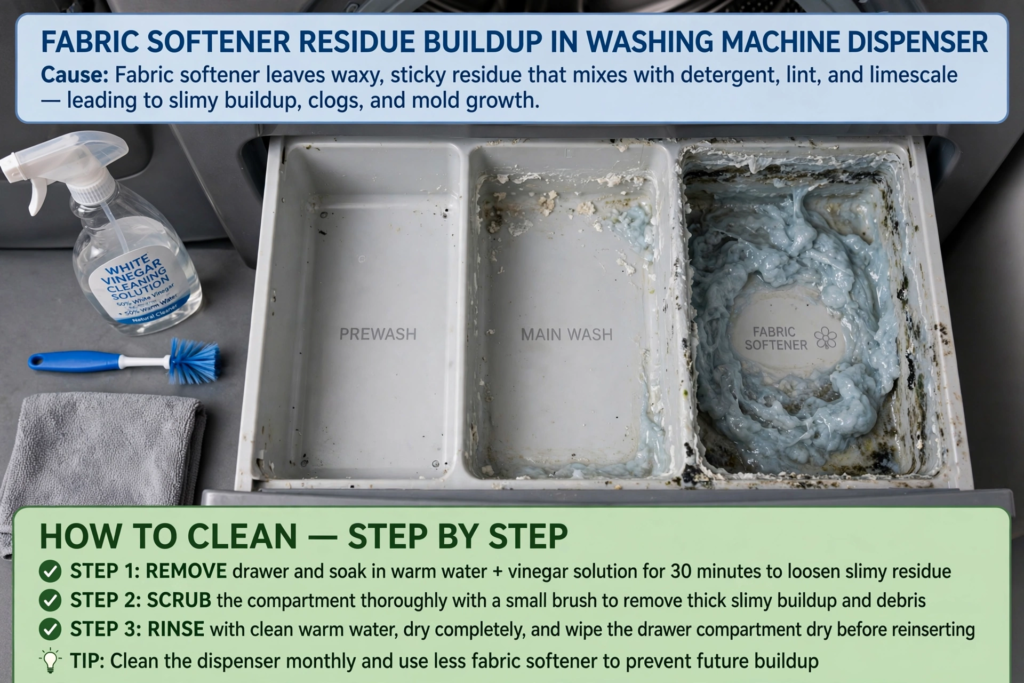 Close-up of fabric softener buildup inside washing machine dispenser drawer showing slimy residue and clogged compartment