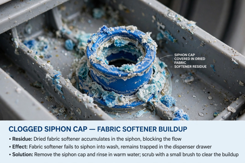 Clogged siphon cap covered in dried fabric softener residue preventing proper dispensing