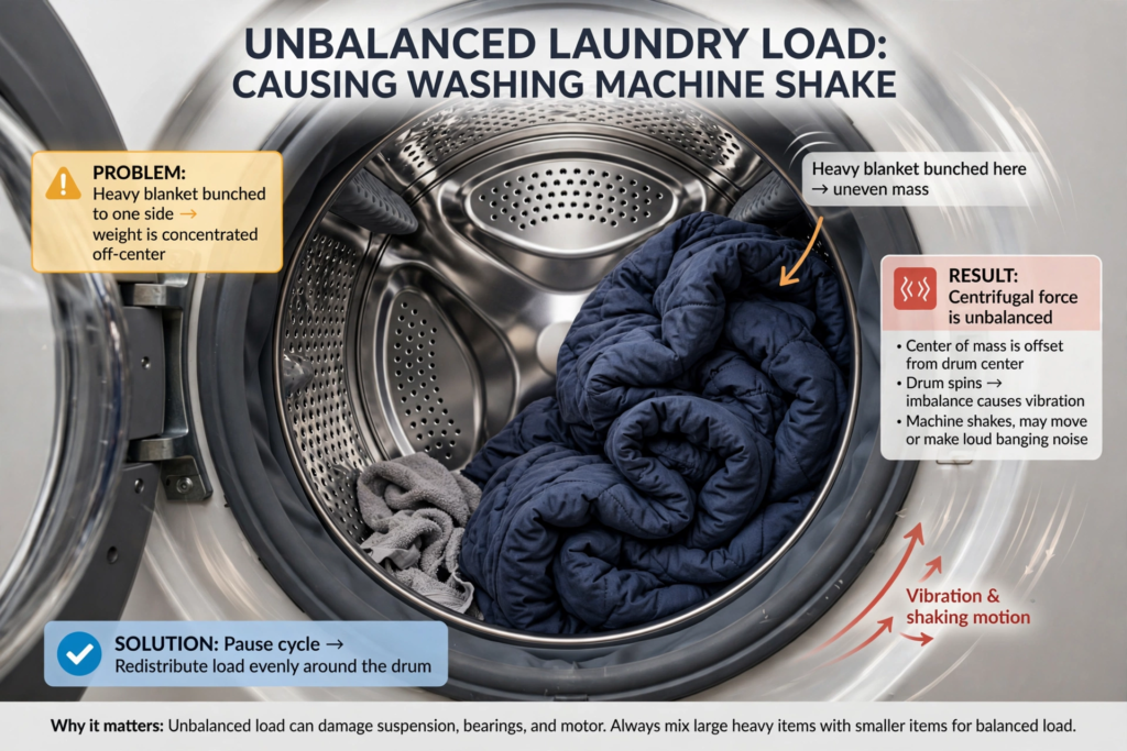 Educational diagram showing unbalanced laundry load causing washing machine to shake during spin cycle with heavy blanket bunched to one side