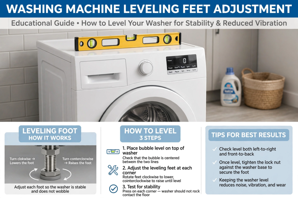 How to level washing machine using adjustable feet and bubble level to reduce vibration and shaking