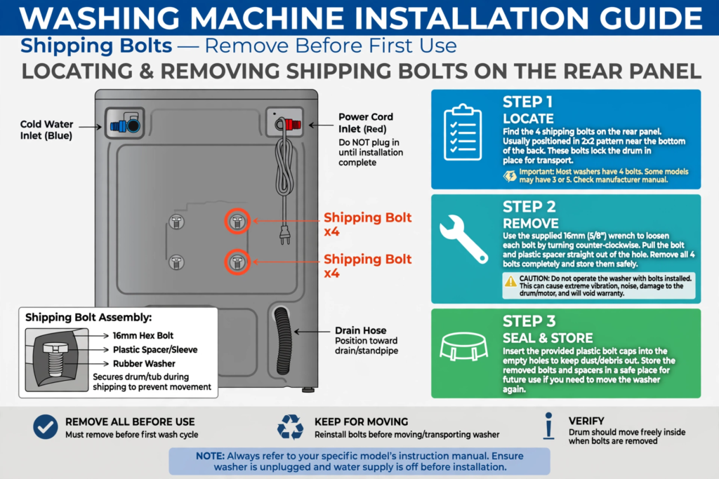 Washing machine installation guide showing location and removal of shipping bolts on rear panel before first use 