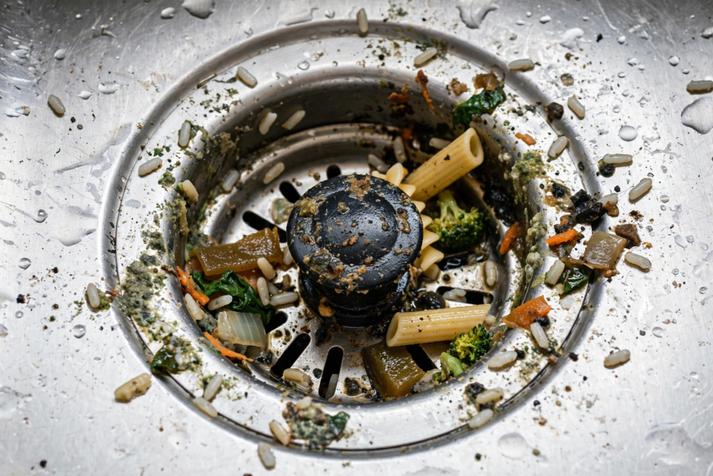 Close-up of kitchen sink drain with trapped food residue causing persistent odor even after cleaning