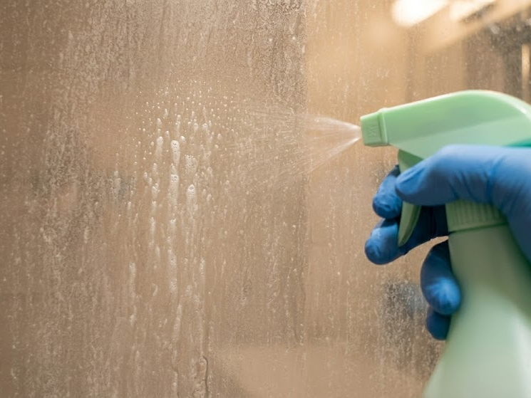 applying a warm vinegar and dish soap solution to shower glass