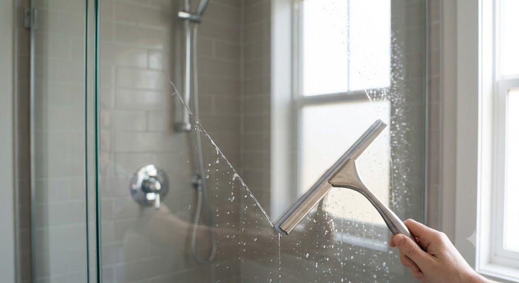 preventing hard water stains with a squeegee on clear shower glass