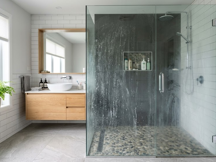 Hard Water Stains vs. Soap Scum shown side by side on a glass shower door.