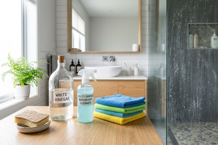 Cleaning products used to remove Hard Water Stains vs. Soap Scum safely
