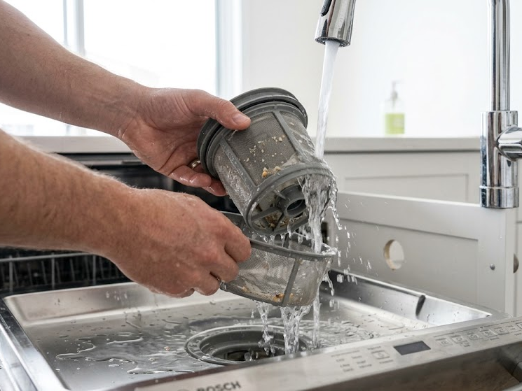 Cleaning a dishwasher filter to prevent white residue and improve washing performance.