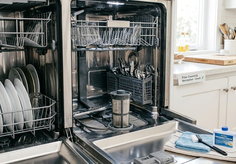 A spotless and clean dishwasher interior with a washed filter reinstalled properly at the bottom, next to organized clean dishes.