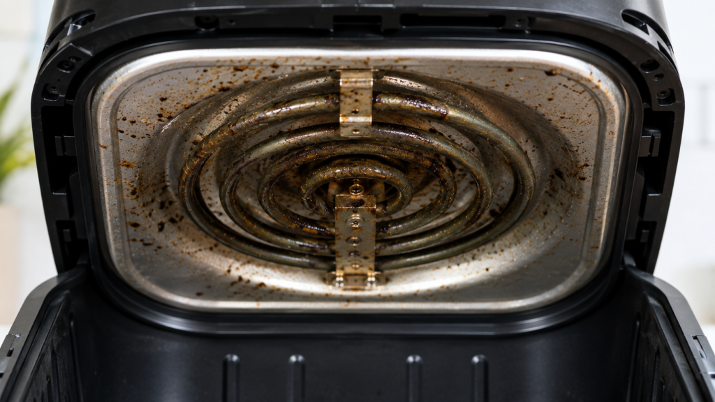 Dirty air fryer heating element with baked-on grease