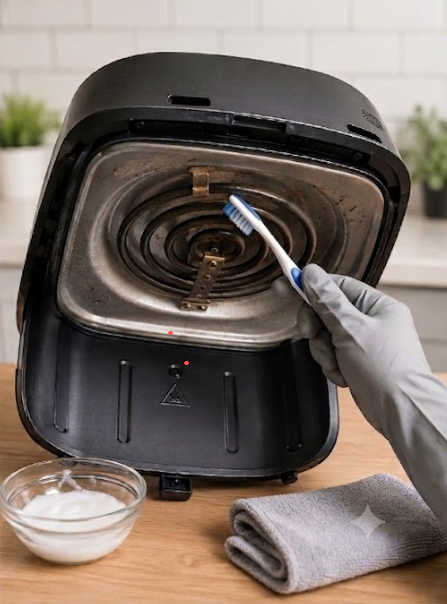 Air fryer turned upside down for heating element cleaning