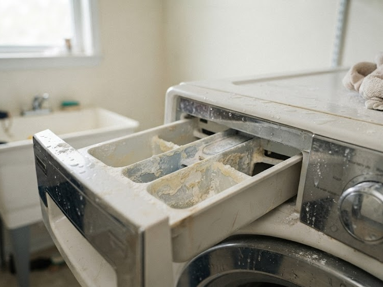 Detergent buildup causing white residue on laundry