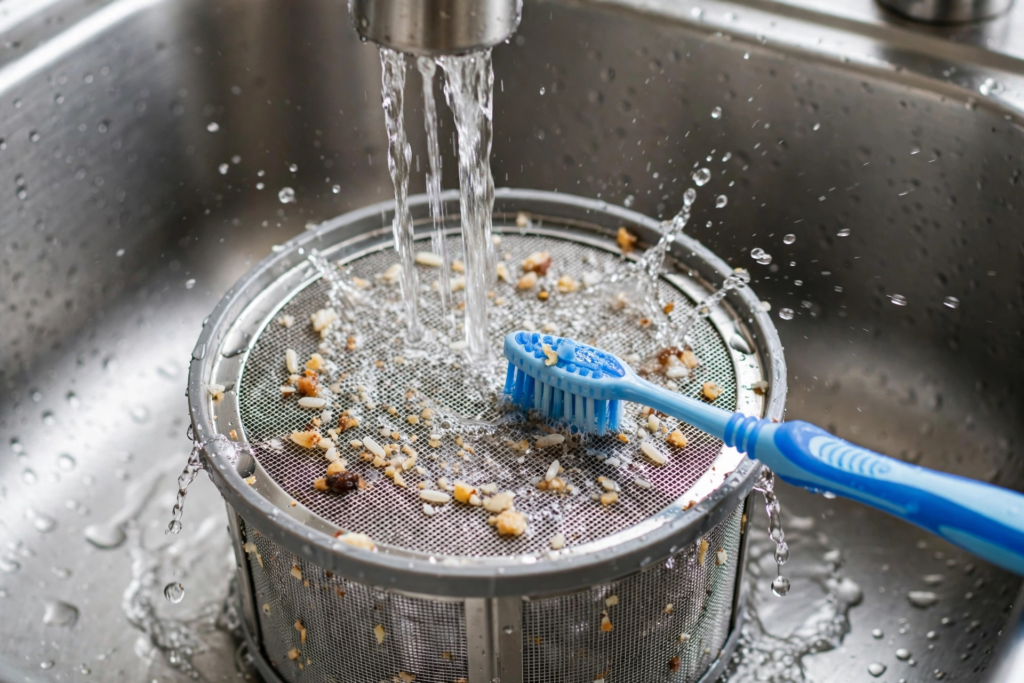 Close-up of dishwasher filter mesh with food debris being rinsed under running water in stainless steel sink