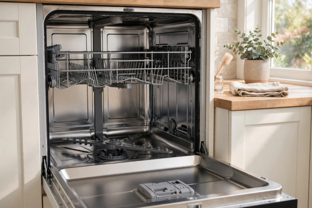 Clean open dishwasher interior showing lower spray arm in bright modern kitchen