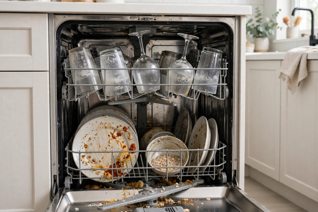 Open dishwasher with dirty plates and cloudy glasses after wash cycle