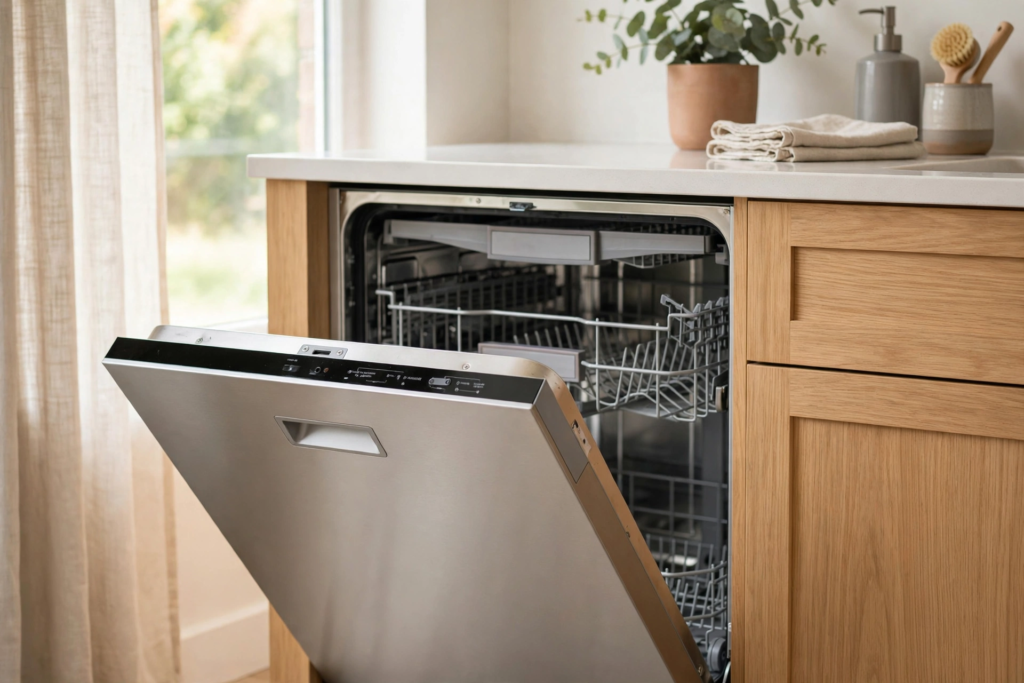 Dishwasher door left slightly open after cleaning cycle to improve drying