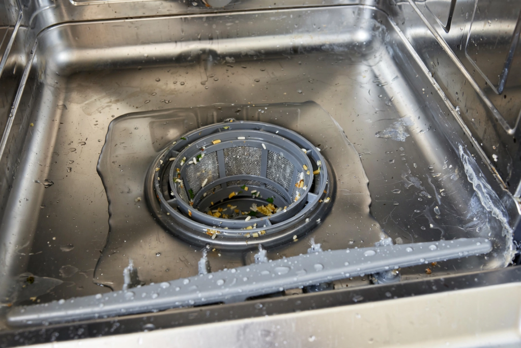 Dishwasher with standing water around the bottom filter