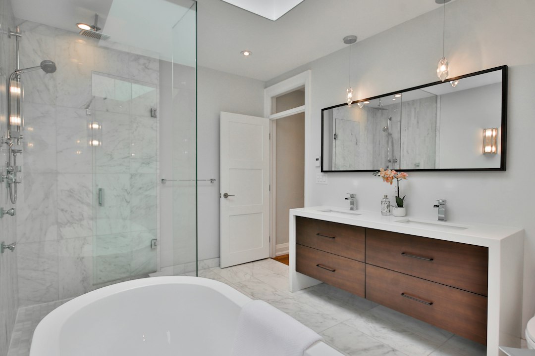 Glass shower enclosure beside a bathtub